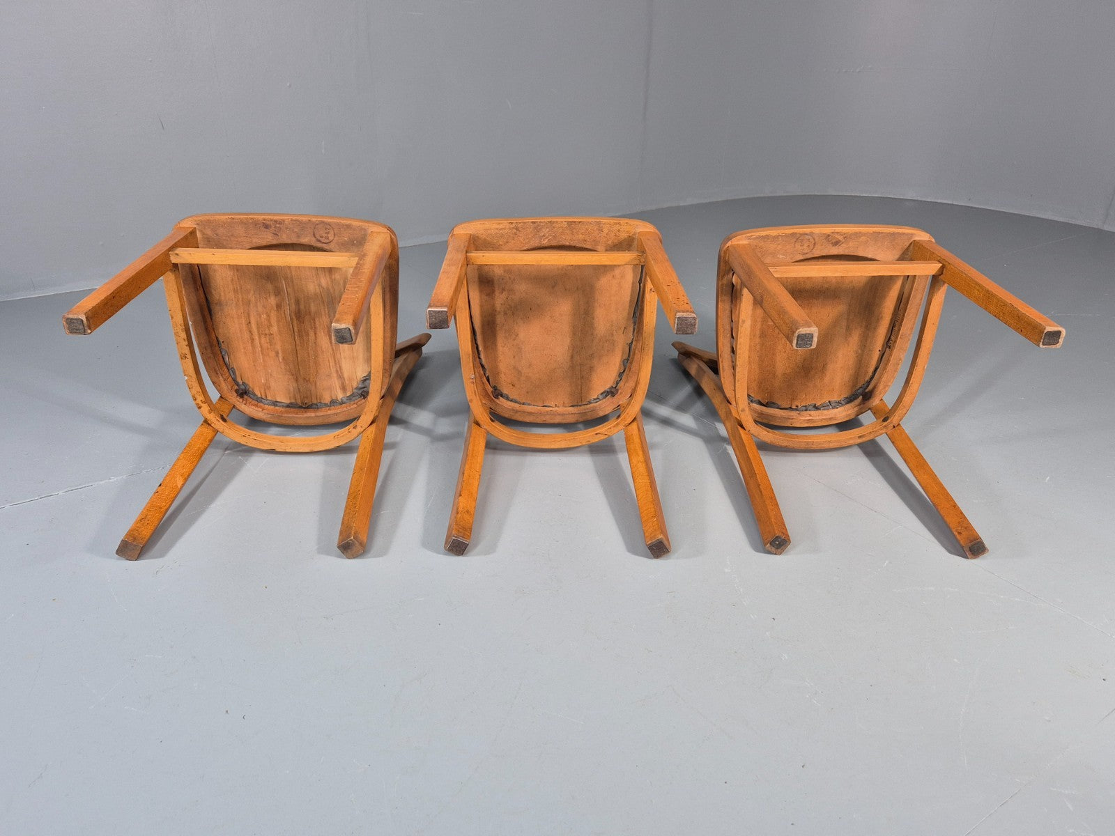 3 1960s Kitchen Chairs Beech Frame Grey Vinyl Seats Retro EB11475 MDIN6