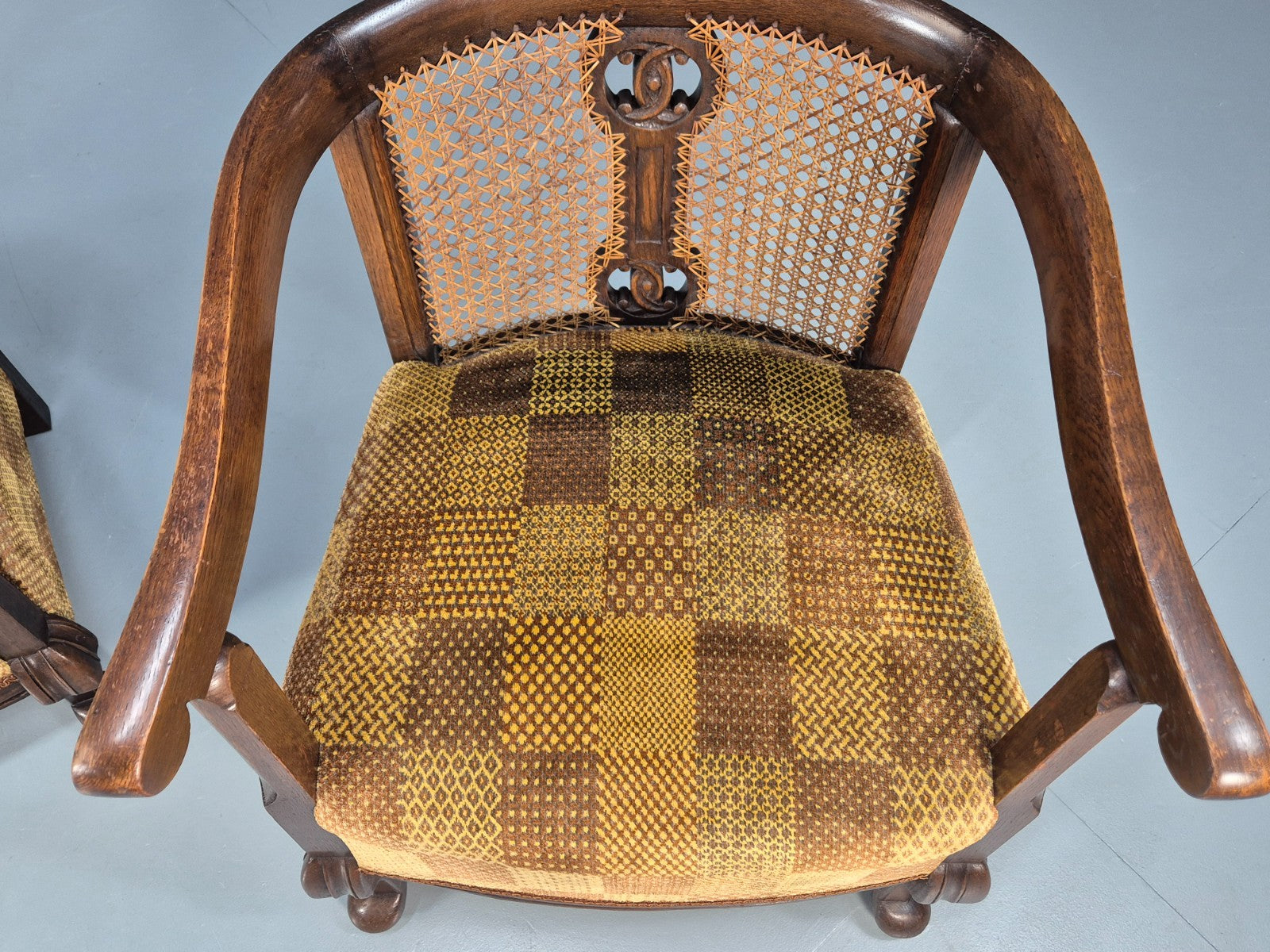 Pair Art Deco Tub Chairs Bergere Back Oak Frame Brown Velour 1930s EB10696 VCAR14