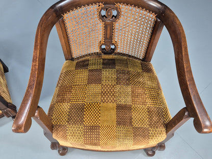 Pair Art Deco Tub Chairs Bergere Back Oak Frame Brown Velour 1930s EB10696 VCAR14