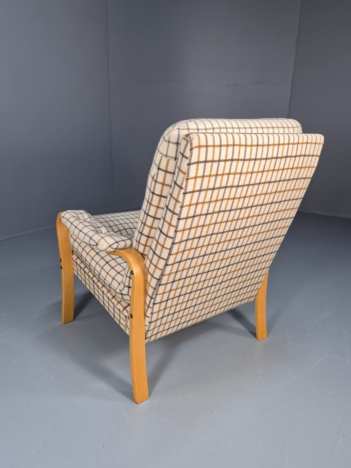 Vintage Bentwood Lounge Chair Danish Cream Wool Check 1980s Retro EB10334 MBEN14