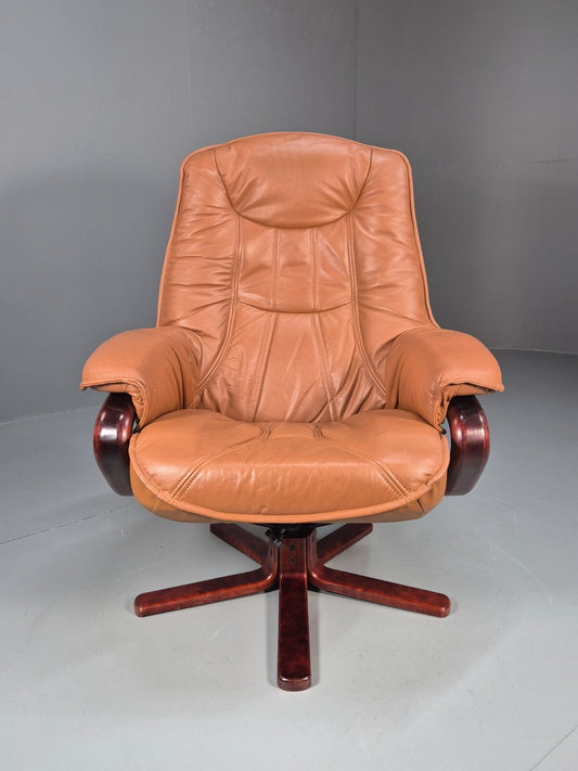 Vintage Tan Leather & Vinyl Swivel & Reclining Chair Danish Retro EB9265 MSWI - UKDK FURNITURE