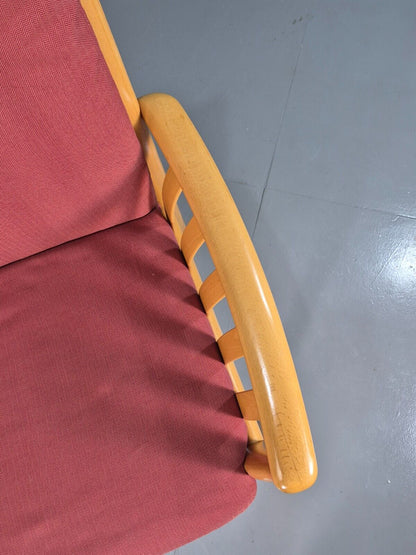 Vintage Danish Lounge Chair Red Cotton Beech Wood Frame 1980s Retro EB7490 MNOR - UKDK FURNITURE