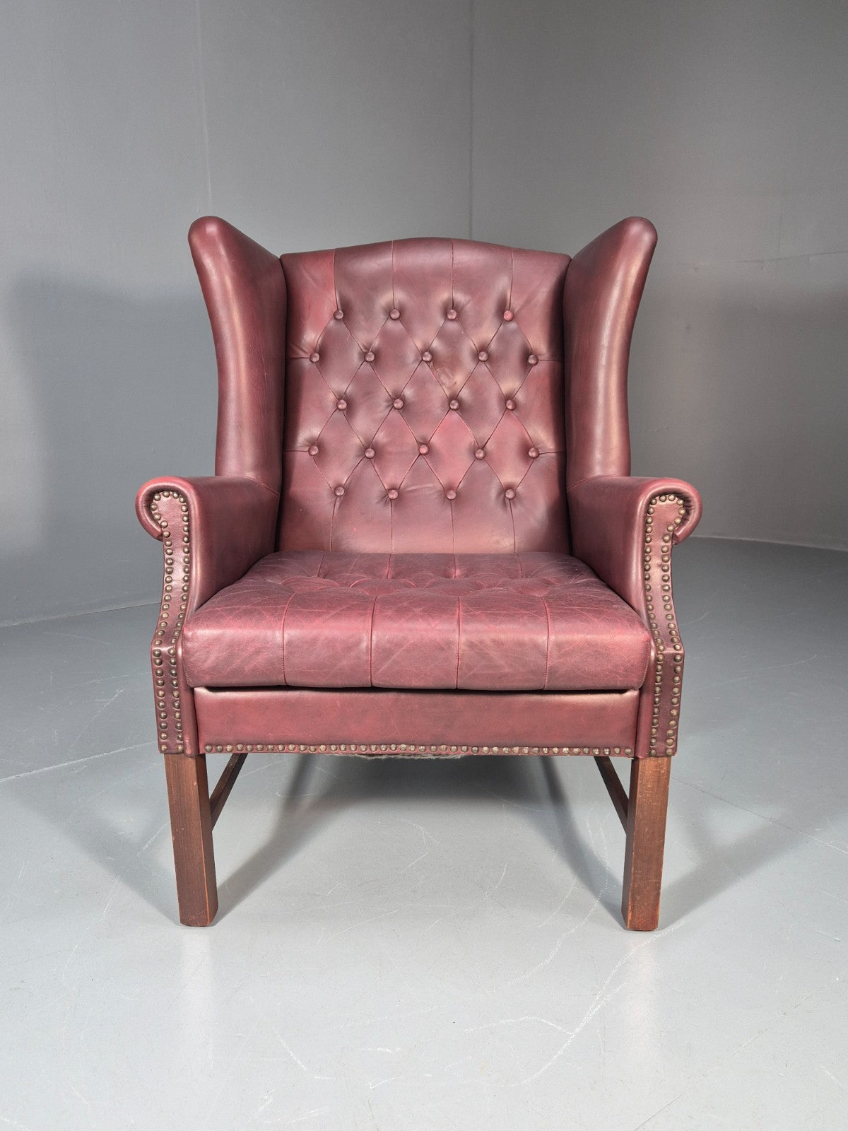 Georgian Style Wing Back Lounge Chair Red Leather Buttoned 1980s  EB10807 VLEA2