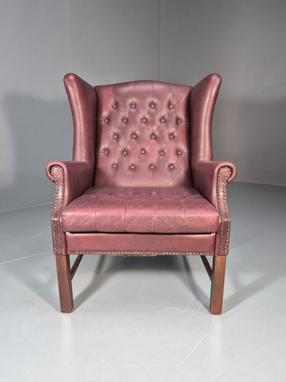 Georgian Style Wing Back Lounge Chair Red Leather Buttoned 1980s  EB10807 VLEA2