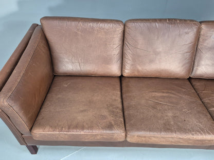 Mid Century Retro Settee Three Seater Brown Leather Vintage Denmark EB10081 M3SS9