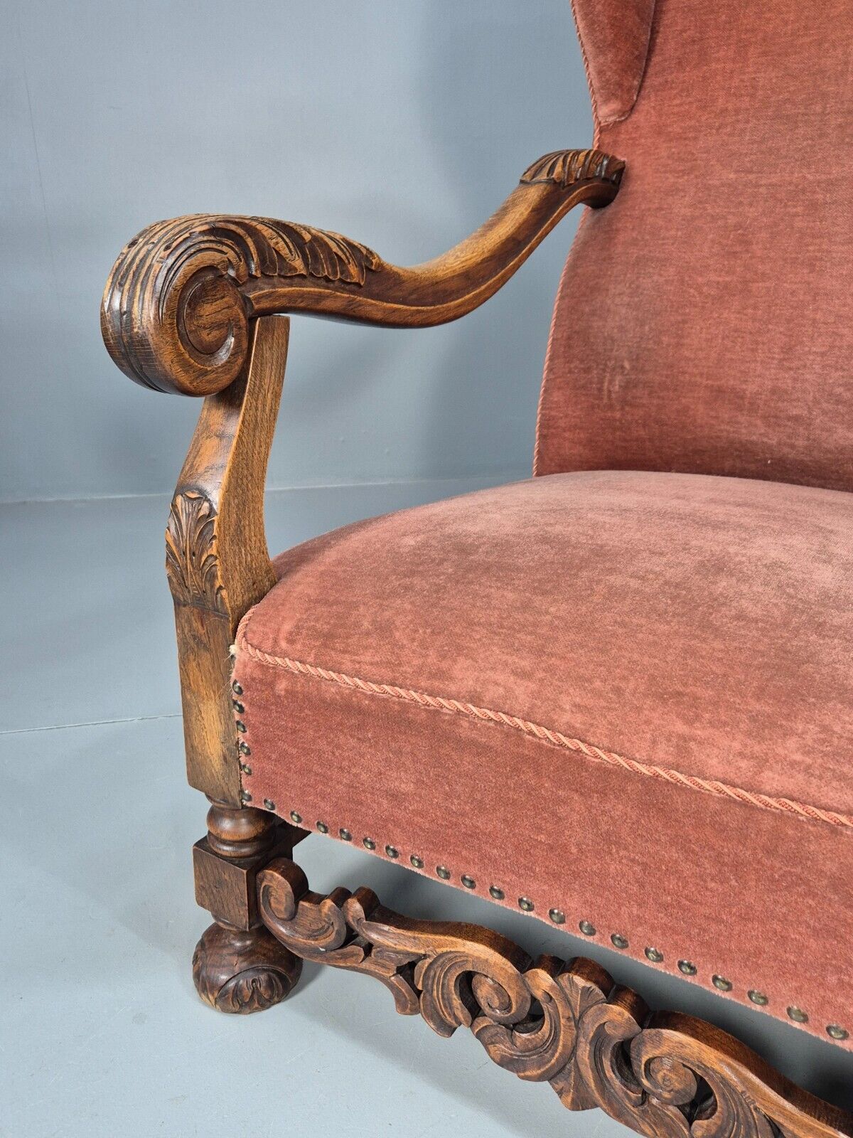 Vintage Danish Lounge Chair Pink Peach Velour Oak 17th Century Style EB8970 VCLO - UKDK FURNITURE