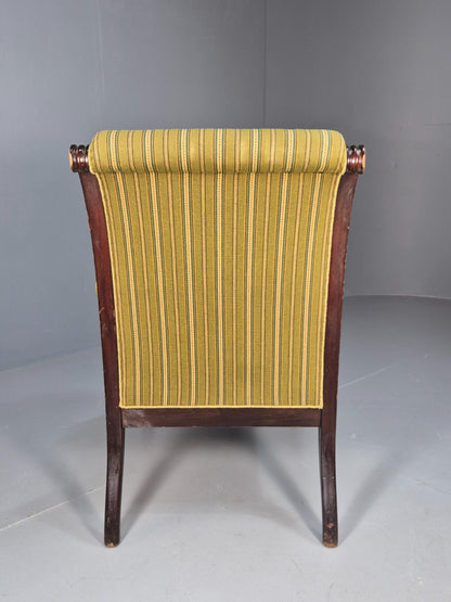 Antique Green Striped Armchair Carved Lion Figures Danish Mahogany EB9626 VCAR - UKDK FURNITURE