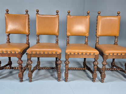 6 Vintage Danish Baroque Style Dining Chairs Tan Leather and Oak 50s EB9747 VDIN - UKDK FURNITURE