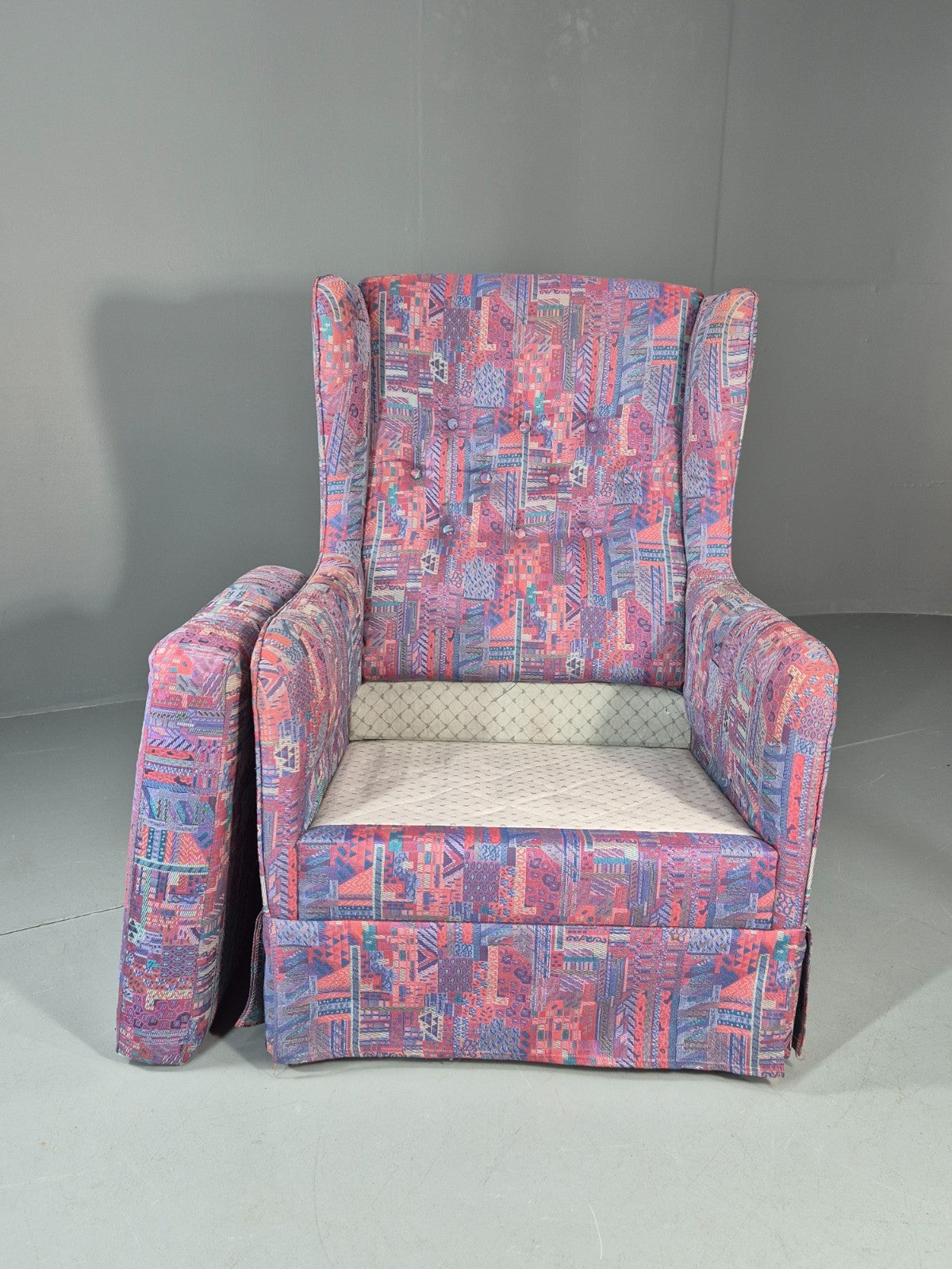 Vintage Danish Wingback Chair 1980s Retro Geometric Cotton Weave EB11291 MNOR3