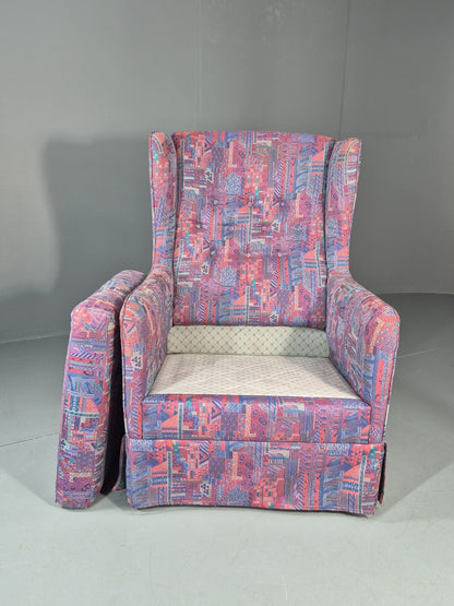 Vintage Danish Wingback Chair 1980s Retro Geometric Cotton Weave EB11291 MNOR3