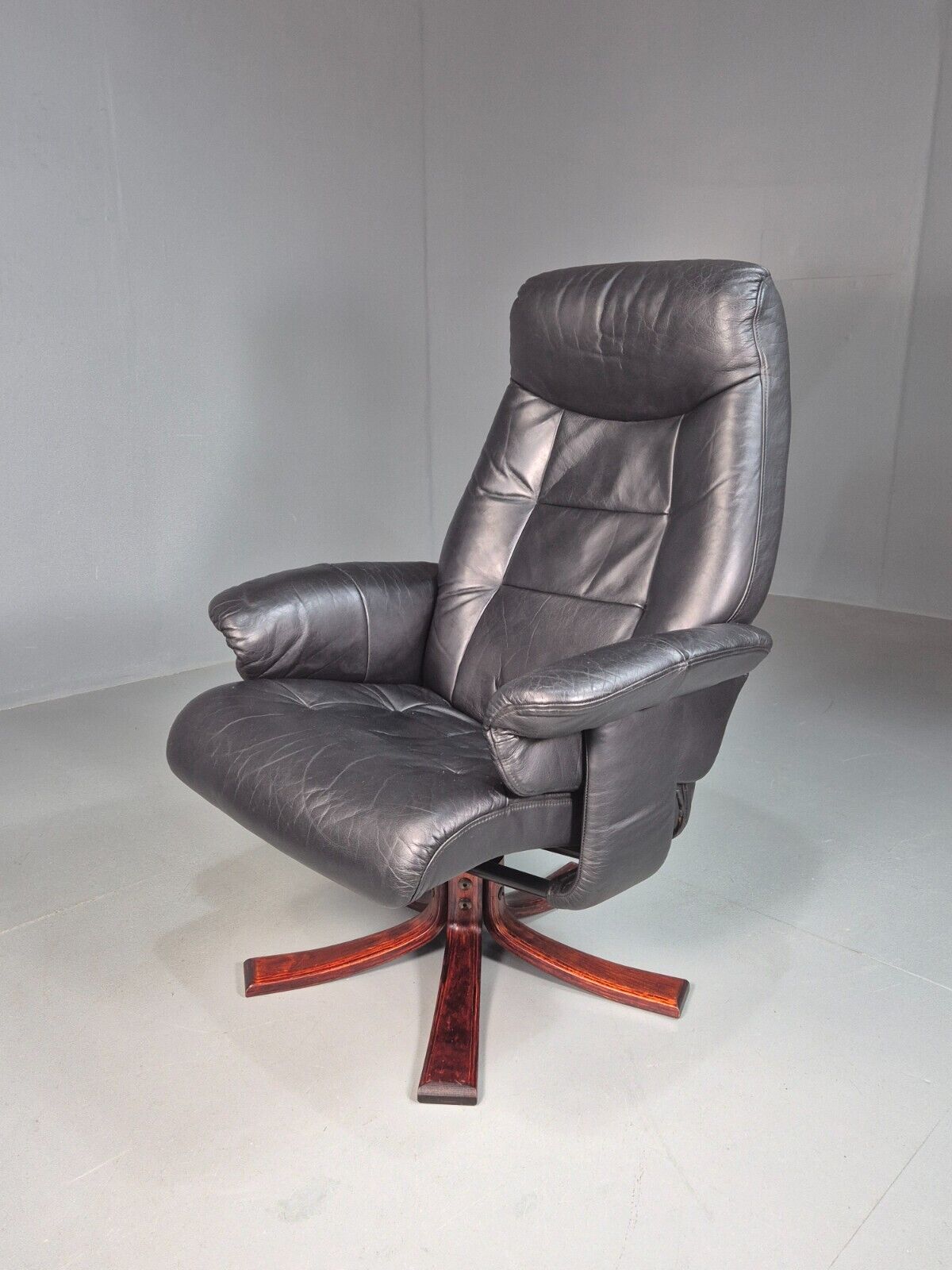 Vintage Danish Swivel Lounge Chair Black Leather Recline 1980 Retro EB8249 MSWI - UKDK FURNITURE