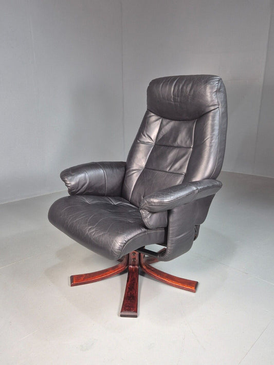 Vintage Danish Swivel Lounge Chair Black Leather Recline 1980 Retro EB8249 MSWI - UKDK FURNITURE