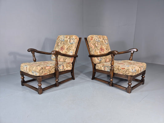 2 Ercol Cloister Lounge Chairs Dark Elm Frame Floral Upholstery 70s EB10987 VCAR1