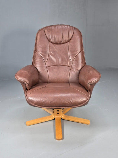 Vintage Danish Swivel Chair Recliner Knudsen Style Brown Leather EB8787 MSWI - UKDK FURNITURE