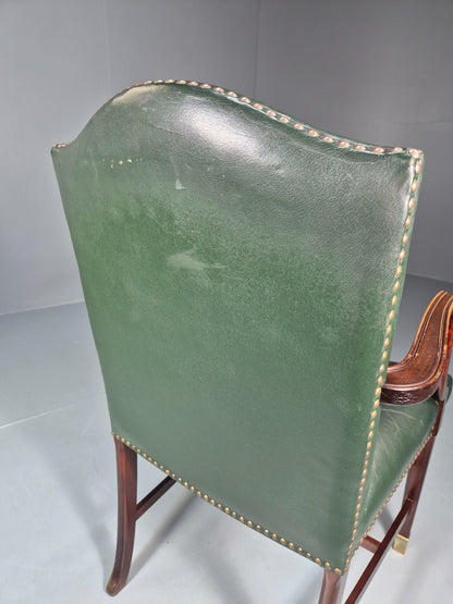 Georgian Style Elbow Chair Green Leather Mahogany Frame Danish 1970 EB10809 VLEA13