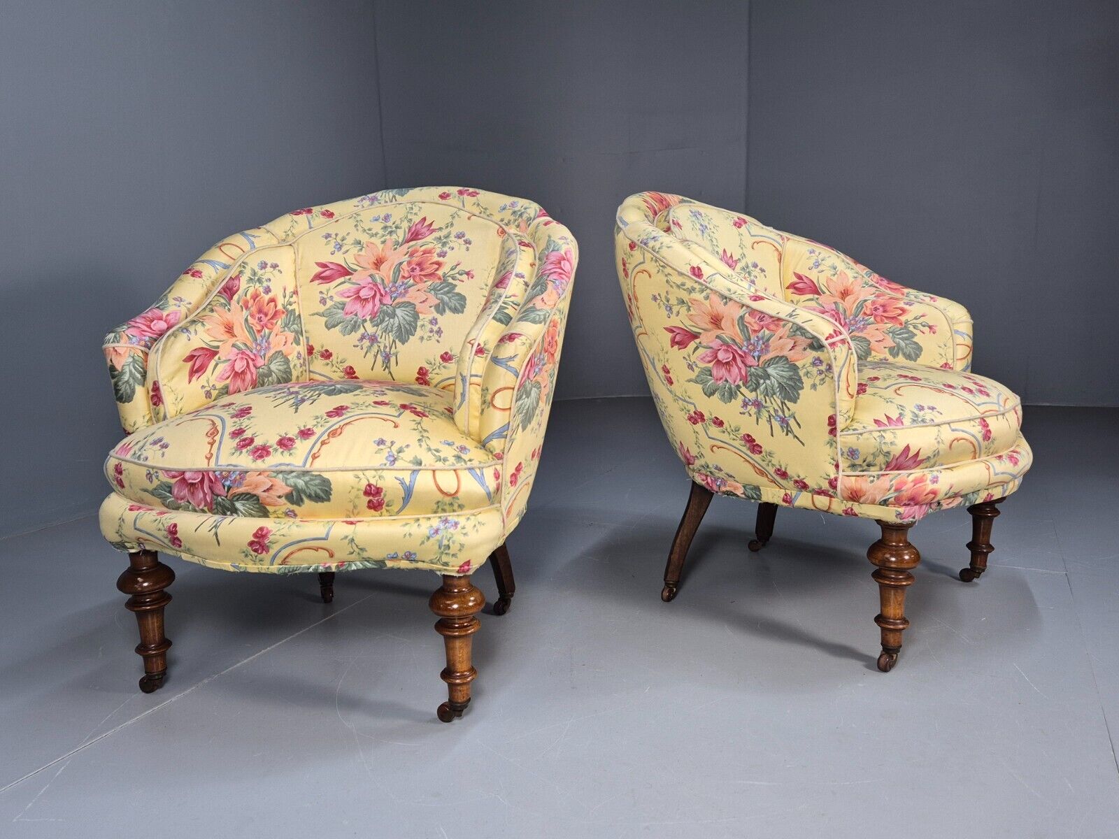 Pair Vintage Danish Floral Print Antique Tub Chairs Walnut Legs EB9012 VCLO - UKDK FURNITURE