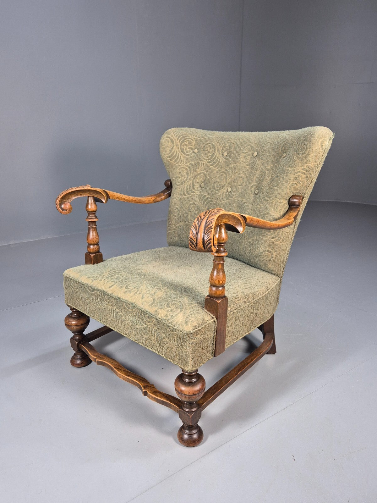 Vintage Danish Lounge Chair Green Moquette Carved Oak Frame 1940s EB8981 VCLO - UKDK FURNITURE