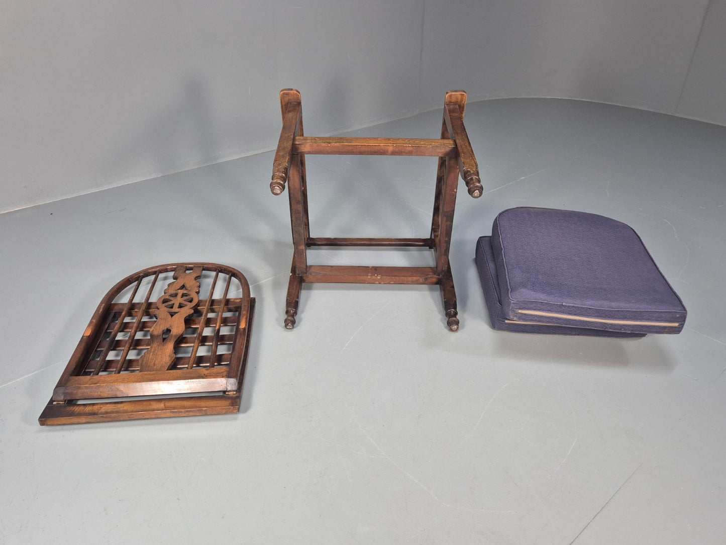 Antique Oak Wheel Back Folding Chair Purple upholstery 1900s EB10629 VCAR15