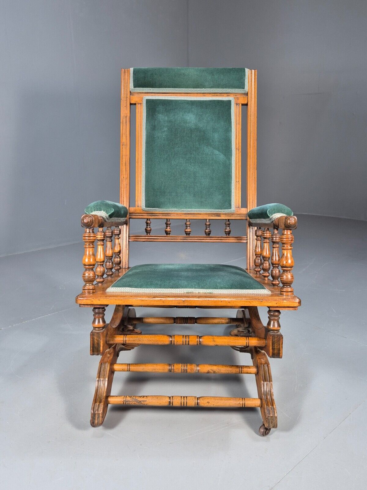 An Edwardian Mahogany Rocking Chair American Style Green Velvet EB9408 VCLO - UKDK FURNITURE