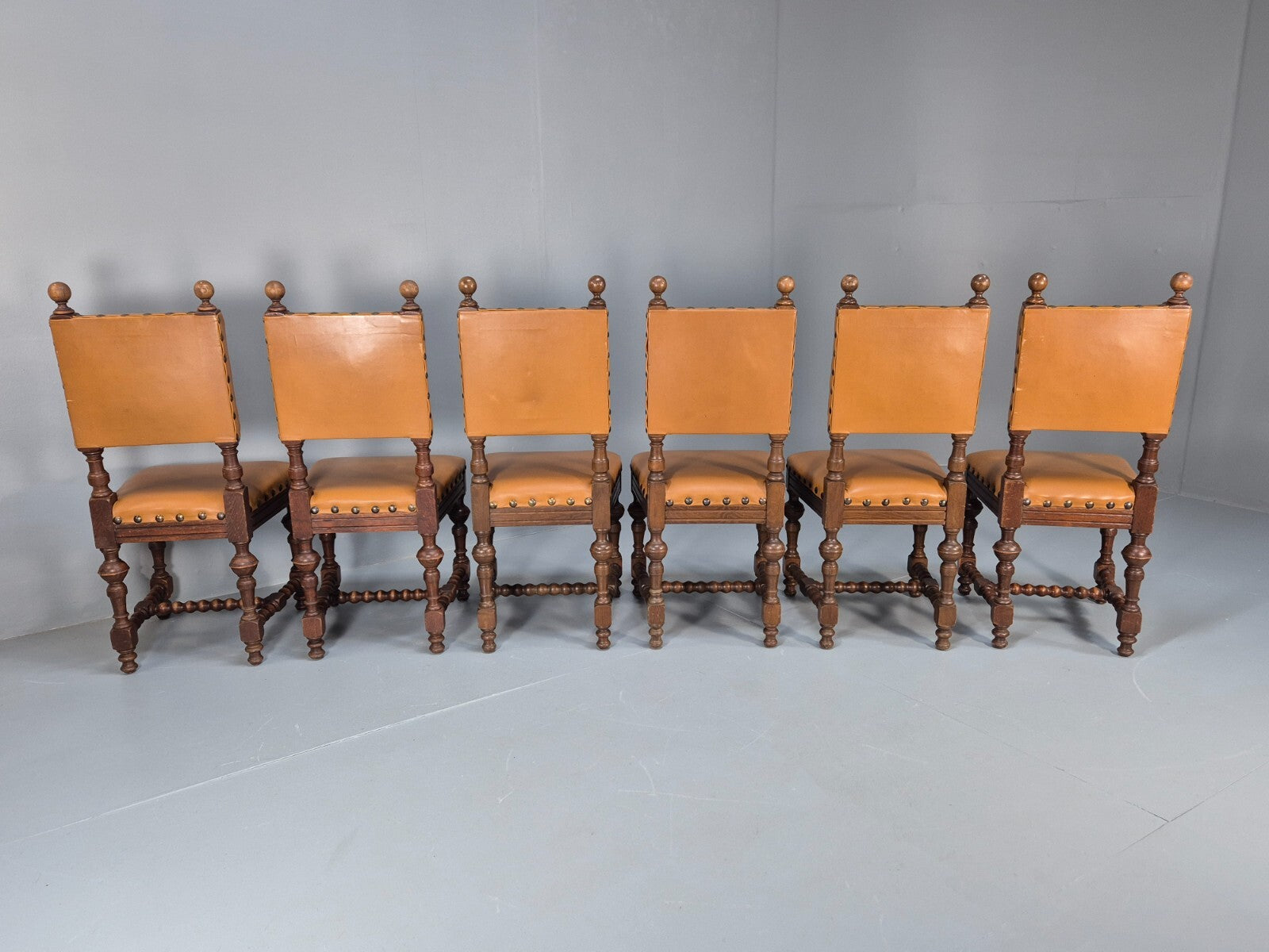 6 Vintage Danish Baroque Style Dining Chairs Tan Leather and Oak 50s EB9747 VDIN - UKDK FURNITURE