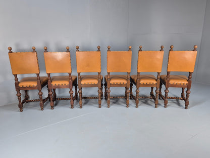 6 Vintage Danish Baroque Style Dining Chairs Tan Leather and Oak 50s EB9747 VDIN - UKDK FURNITURE