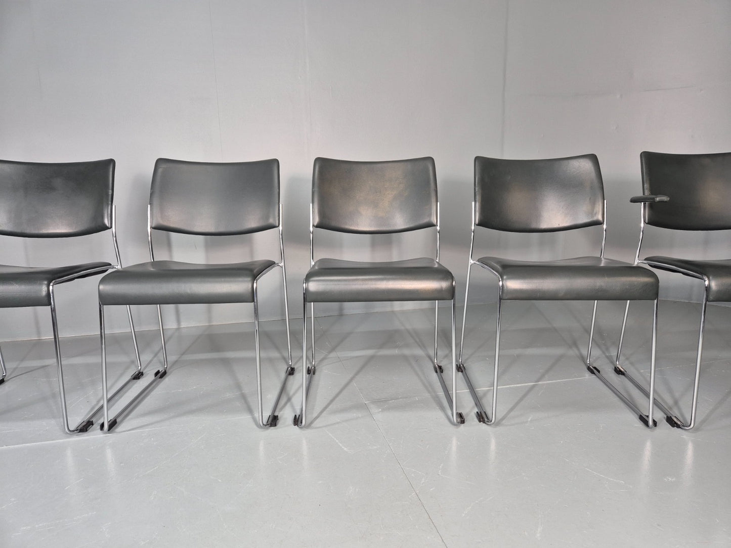 6 Leather Stacking Chairs Brunner Linos Dark Green Chrome Modern EB11735 MSTA9