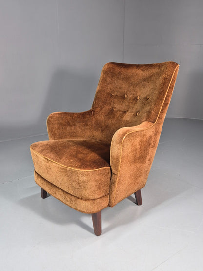 Mid Century Tub Chair Danish 1960s Brown Velour Retro Buttons EB10755 MNOR0