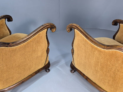 2 Vintage Danish Antique Chairs Gold Velour 1930s Carved Wood EB8969 VCLO - UKDK FURNITURE