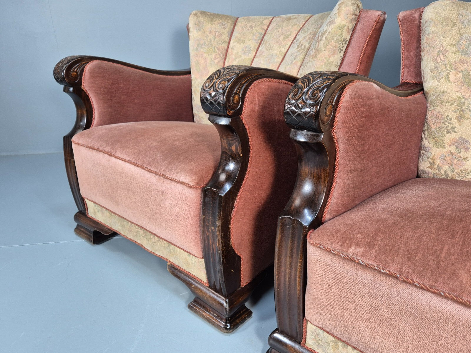 2 Vintage Danish Pink and Cream Art Deco Lounge Chairs 1940s EB9667 VCLO - UKDK FURNITURE