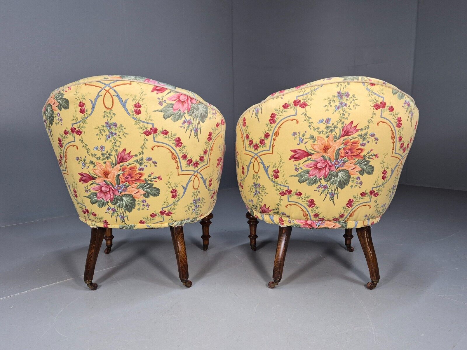 Pair Vintage Danish Floral Print Antique Tub Chairs Walnut Legs EB9012 VCLO - UKDK FURNITURE
