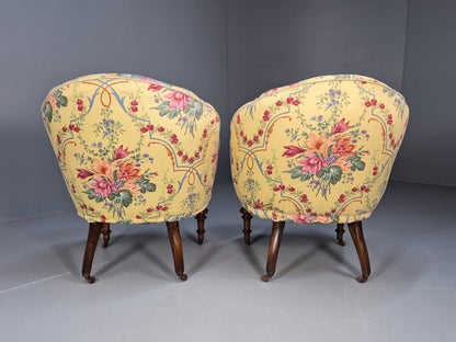 Pair Vintage Danish Floral Print Antique Tub Chairs Walnut Legs EB9012 VCLO - UKDK FURNITURE