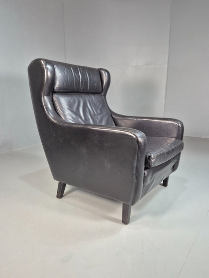 Vintage Danish Lounge Chair Black Leather Wingback 1970s Retro MCM EB8237 MNOR - UKDK FURNITURE