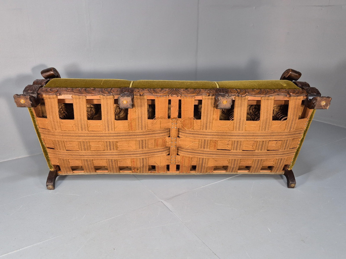 Vintage Danish Baroque Style 3 Seat Settee Green Velour Antique 1920 EB9653 V3SS - UKDK FURNITURE