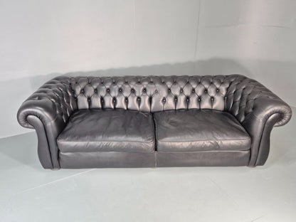 Four Seater Chesterfield Black Leather Feather Cushions Quality EB11229 VCHE4