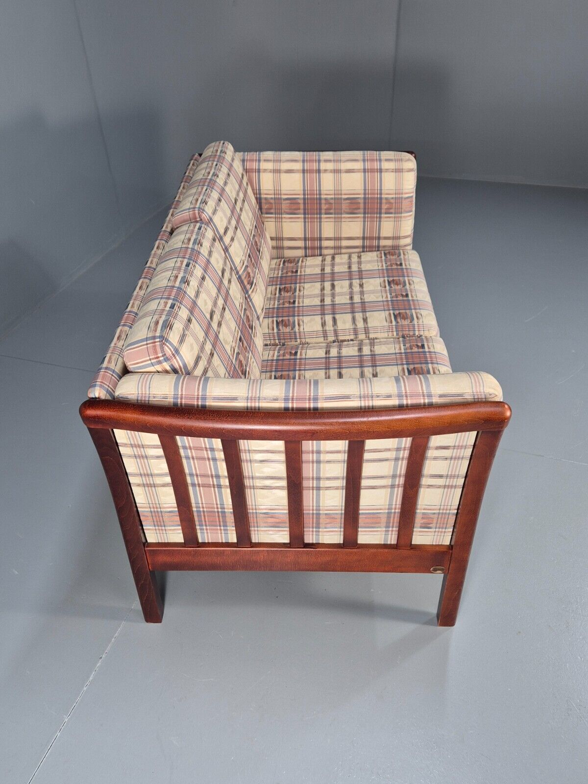 Vintage Danish 2 Seat Sofa Tartan Cotton Wood Frame Stouby 1980s MCM EB8598 M2SS - UKDK FURNITURE