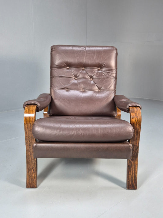 Vintage Danish Brown Leather and Vinyl Chair Bentwood Retro MCM EB9280 MNOR - UKDK FURNITURE