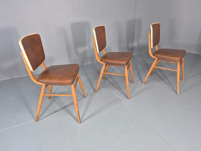 Vintage 1960s Dining Chairs - 3 In Brown Vinyl Beech Frames MCM EB10997 MDIN7