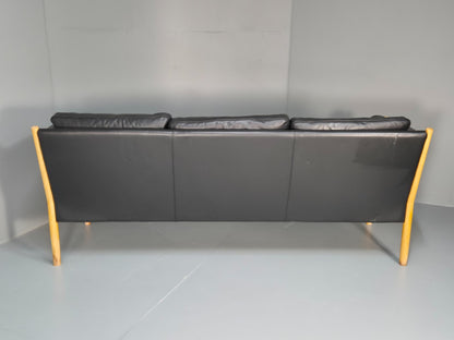 Mid Century Three Seater Sofa Beech Ends Black Leather 1980s Retro EB10399 M3SS16