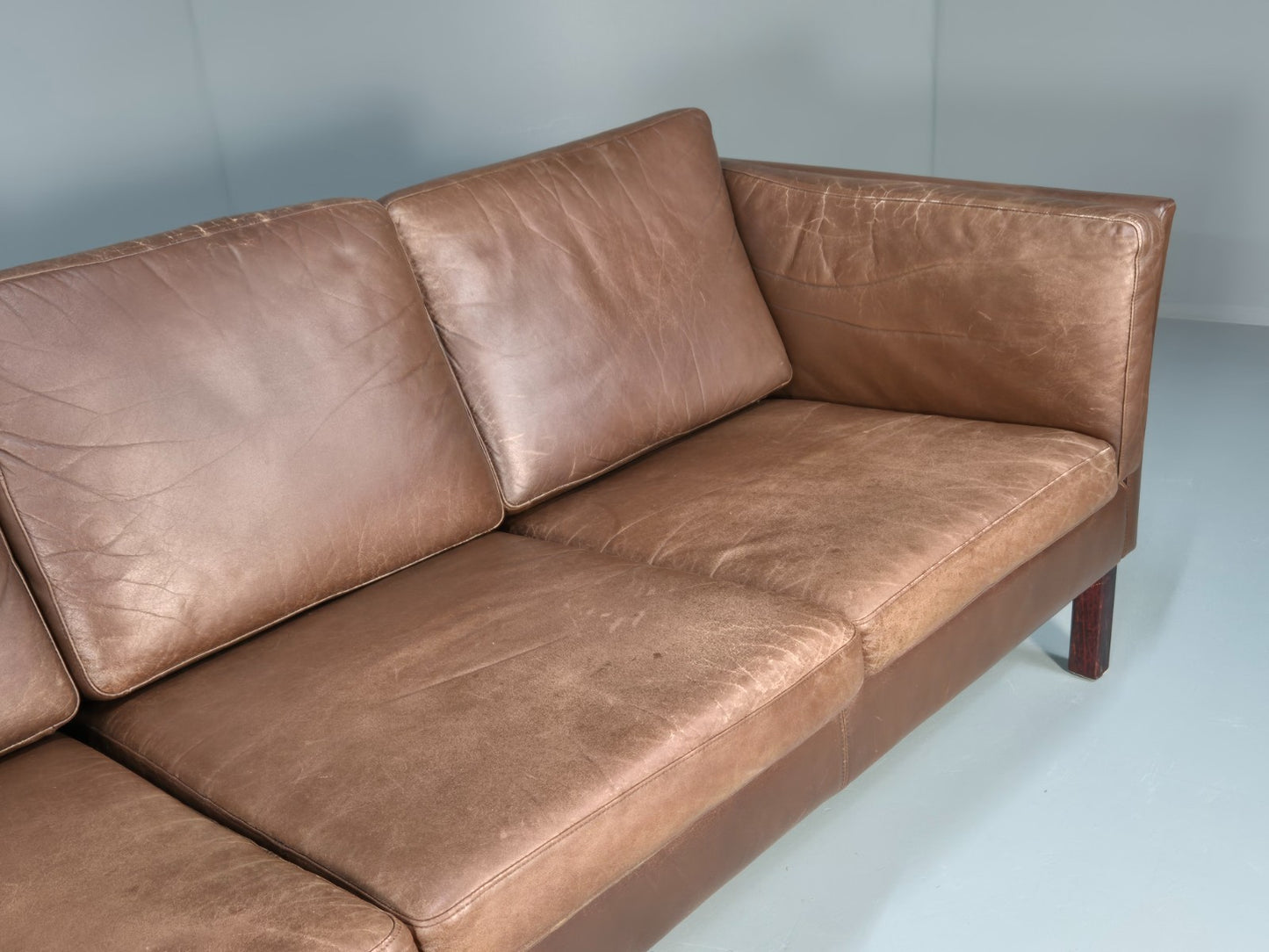 Mid Century Retro Settee Three Seater Brown Leather Vintage Denmark EB10081 M3SS4