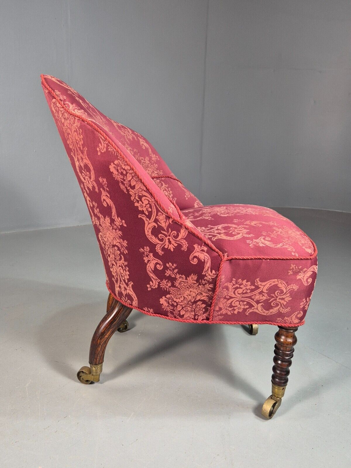 Antique Danish Occasional Chair Pink Satin Floral Motif Oak Brass EB8051 VCLO - UKDK FURNITURE