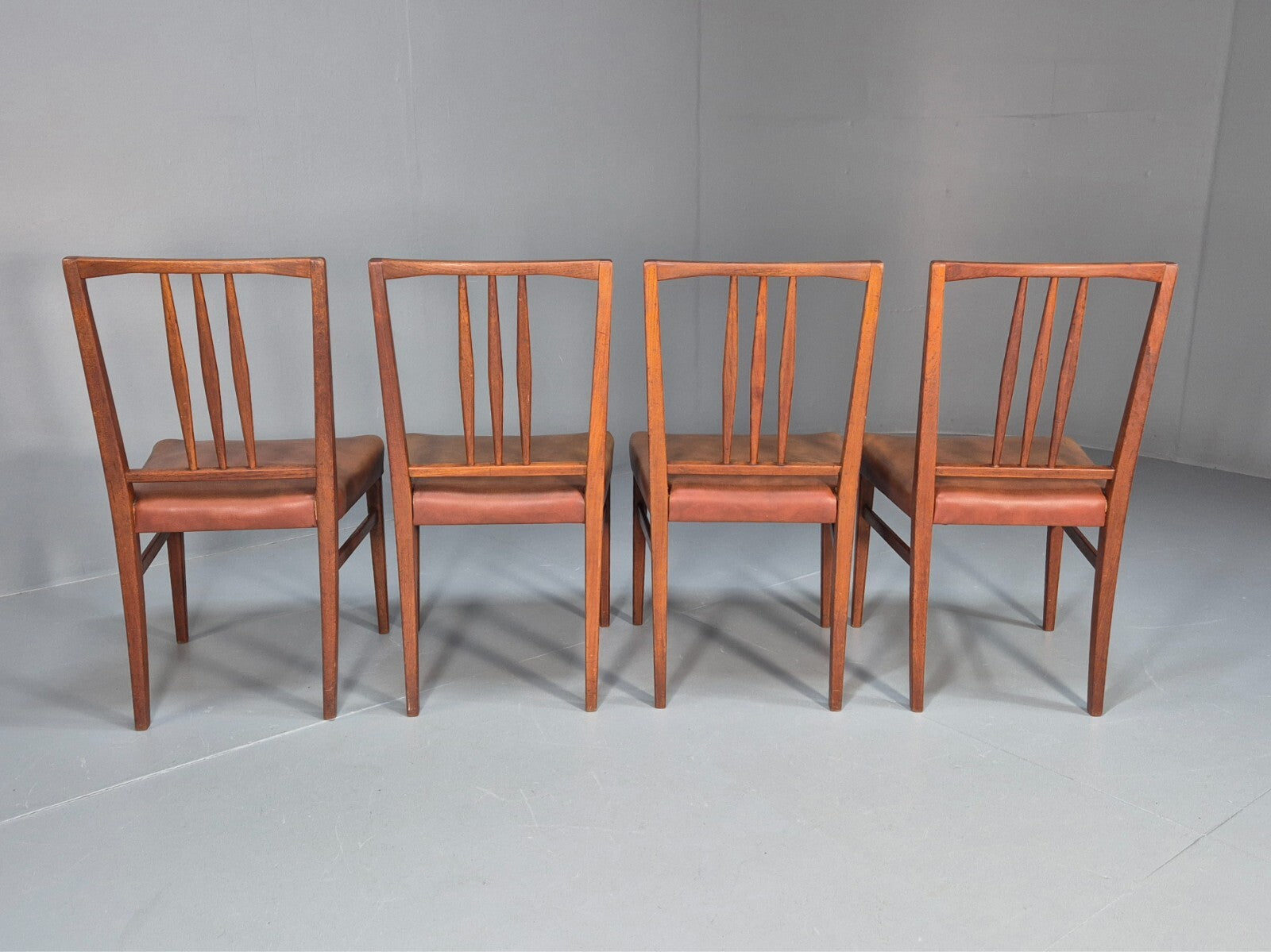 4 Gordon Russell Teak Dining Chairs Brown Vinyl 1960s Retro MCM EB9681 MDIN - UKDK FURNITURE