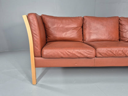 Vintage Stouby 3 Seat Sofa Reddy Brown Leather Beech Wood Slat EndsEB10525 M3SS2