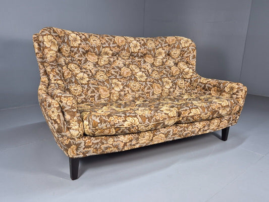 Vintage Danish 2 Seat Sofa Brown Yellow Floral Curved Form Retro MCM EB8949 M2SS - UKDK FURNITURE
