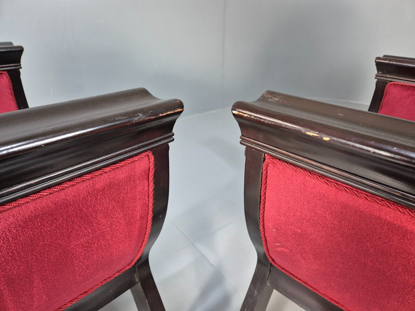 2 Vintage Danish Lounge Chairs Red Velour Mahogany Gondola Style EB8997 VCLO - UKDK FURNITURE