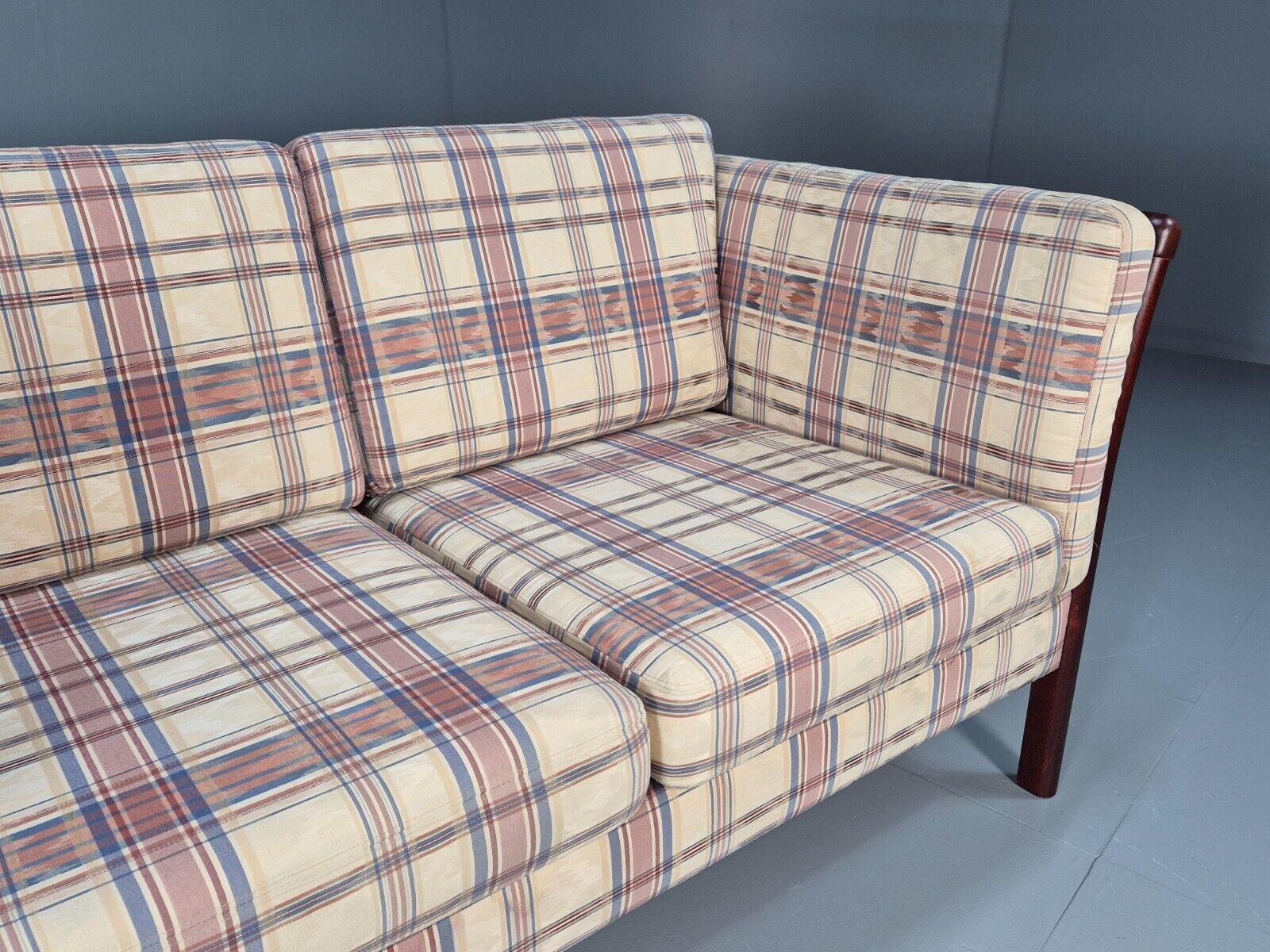 Vintage Danish 2 Seat Sofa Tartan Cotton Wood Frame Stouby 1980s MCM EB8598 M2SS - UKDK FURNITURE