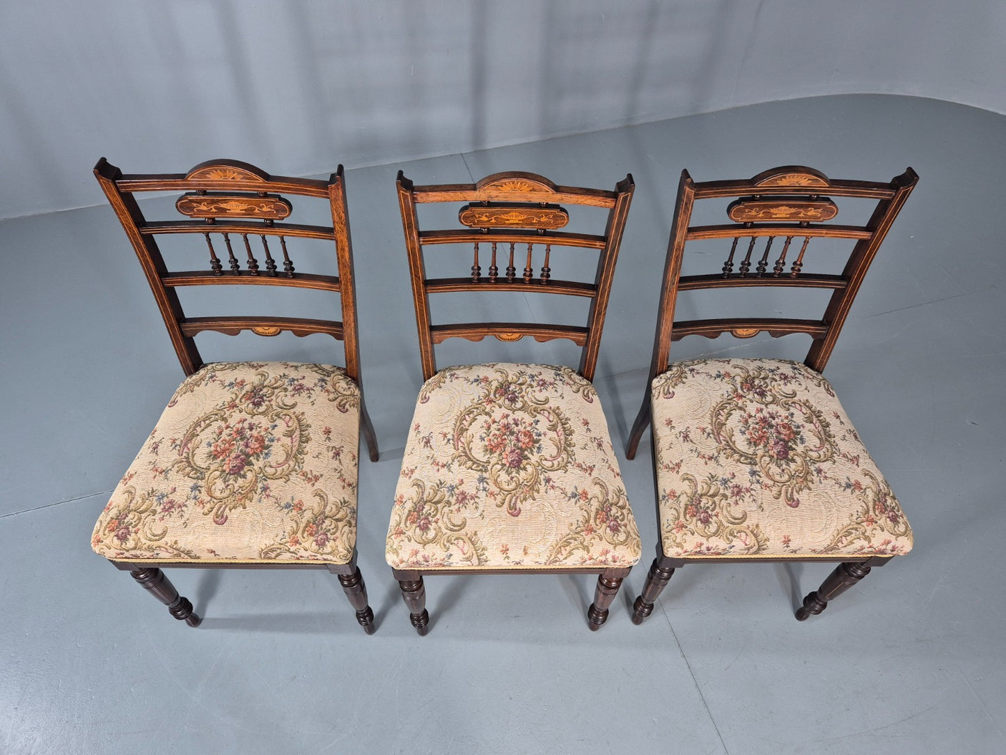 3 Antique Saloon Chairs Rosewood Frame Floral Seats Inlay Victorian EB10990 VDIN6