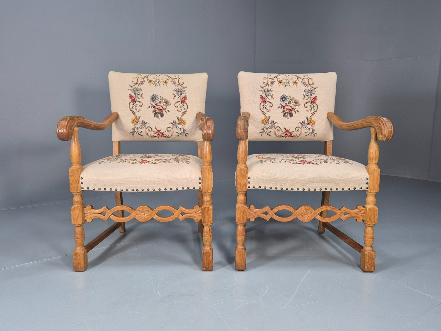2 Baroque Elbow Chairs Oak Frame Vintage Denmark Floral Upholstery EB10727 VCAR3