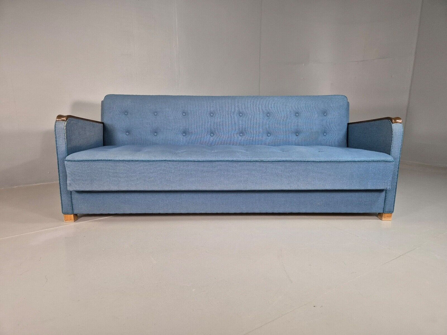 Vintage Danish Sofa Bed Blue Wool Teak Arms 1960s Retro MCM EB7259 M3SS - UKDK FURNITURE