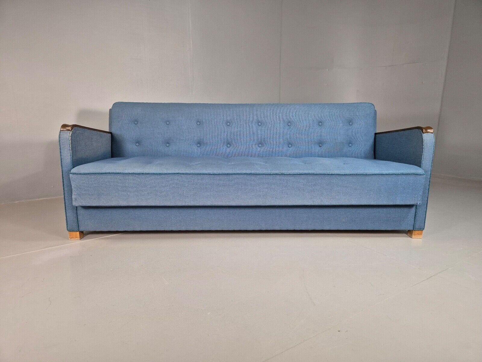 Vintage Danish Sofa Bed Blue Wool Teak Arms 1960s Retro MCM EB7259 M3SS - UKDK FURNITURE