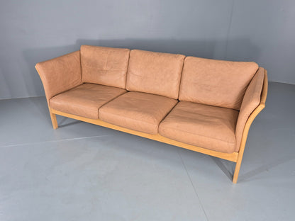 Vintage 3 Seater Sofa Danish Light Tan Leather Beech Skalma  Retro EB11914 M3SS6